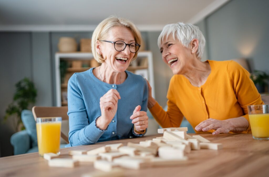 Two women enjoy the perks of independent living, having plenty of time to socialize.