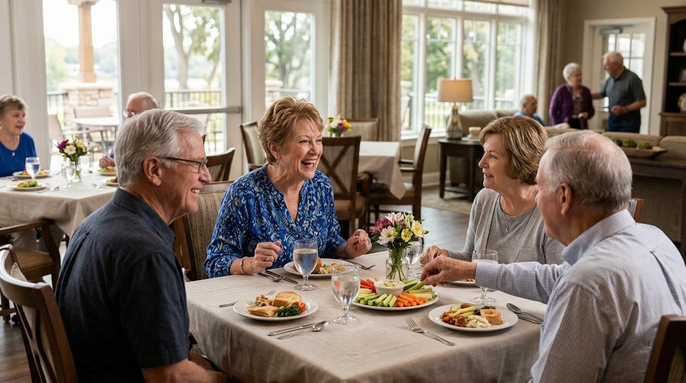 Older adults share a meal and conversation in a bright senior living dining room.