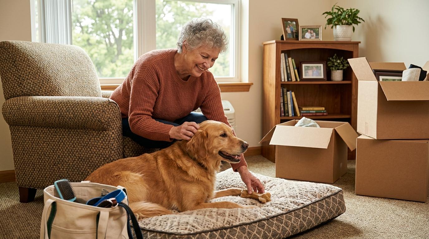 A senior person gently holding a small pet while settling into a cozy, welcoming new home environment.