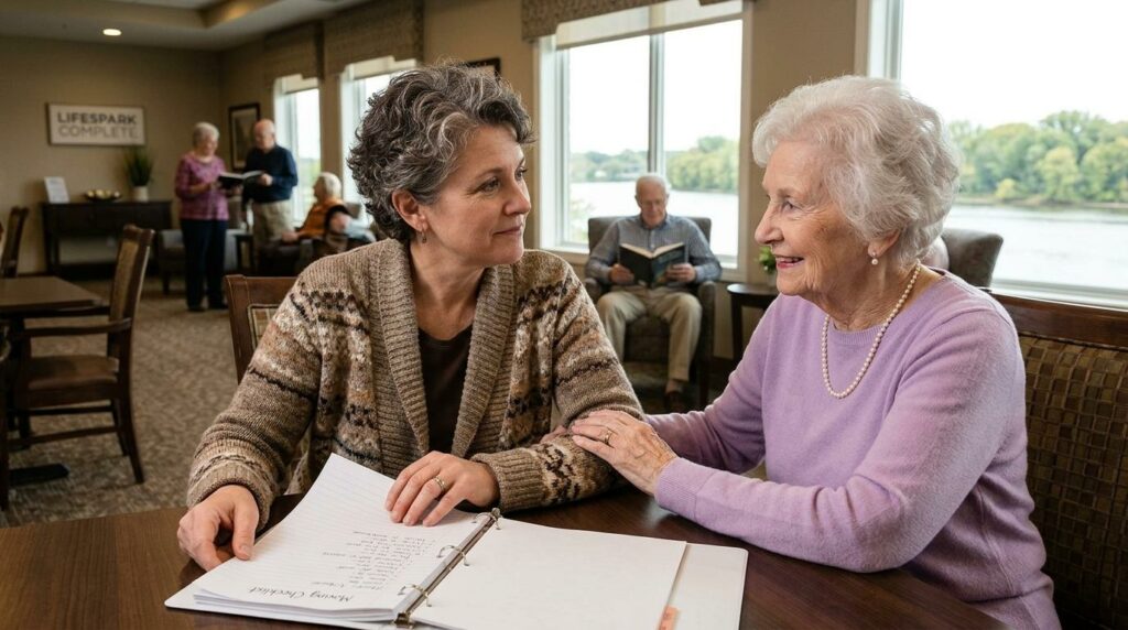 An adult reviewing a moving checklist while helping a senior parent prepare for an assisted living transition.