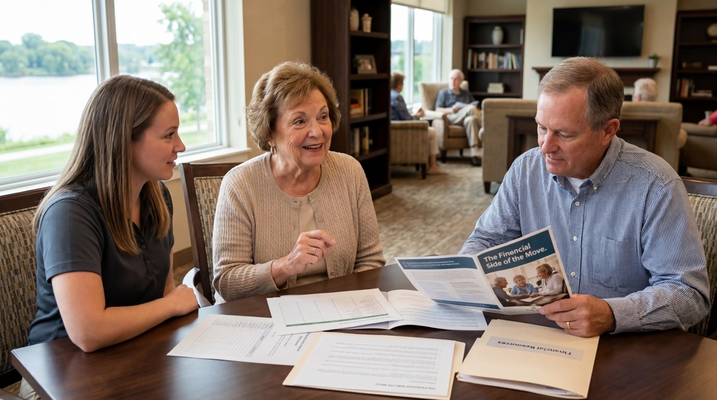 Senior reviewing financial documents related to a senior living move, planning costs, and budgeting for retirement community life.