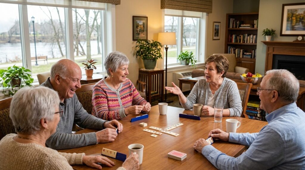 Seniors laughing and socializing together in a bright, welcoming common area.